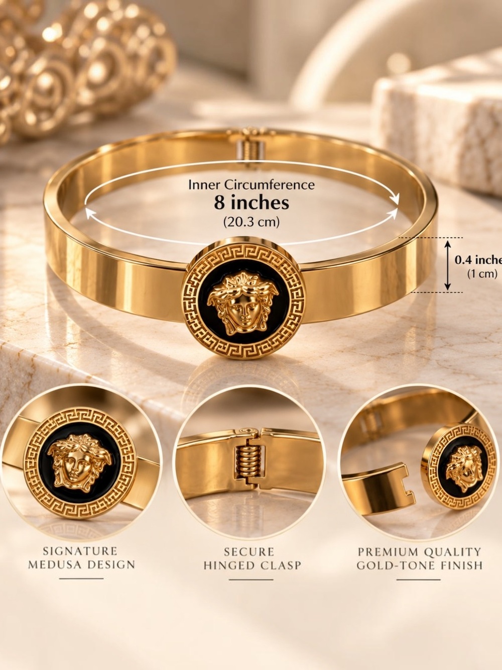 Gold Tone Stainless Steel Medusa Greek Key Statement Bangle Bracelet 8”